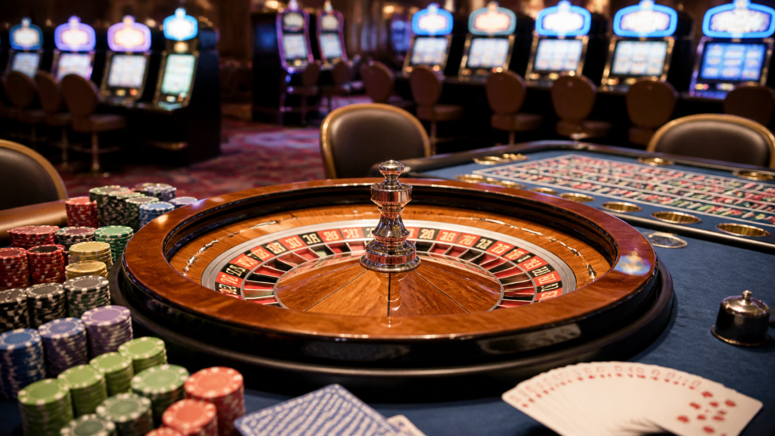 Casino roulette table with cards and gaming atmosphere