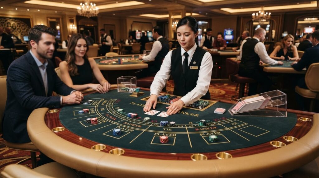 Bí quyết đánh baccarat trực tuyến hiệu quả và an toàn Bàn chơi baccarat trực tuyến với bài tây và phỉnh cược tại sòng bài