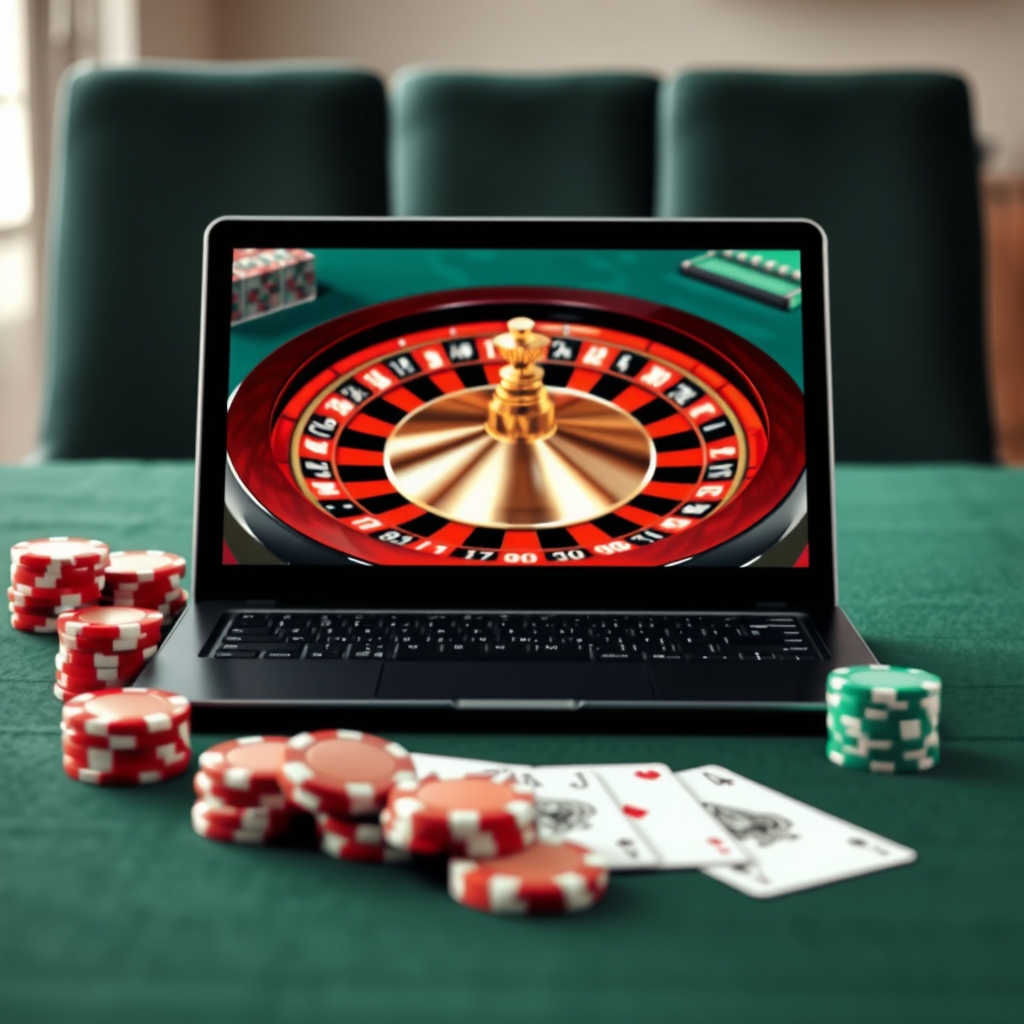 Migliori Casino Online e Slots Casinos: Guida alla Scelta dei Giochi Laptop displaying an online casino roulette game beside playing cards and casino chips.