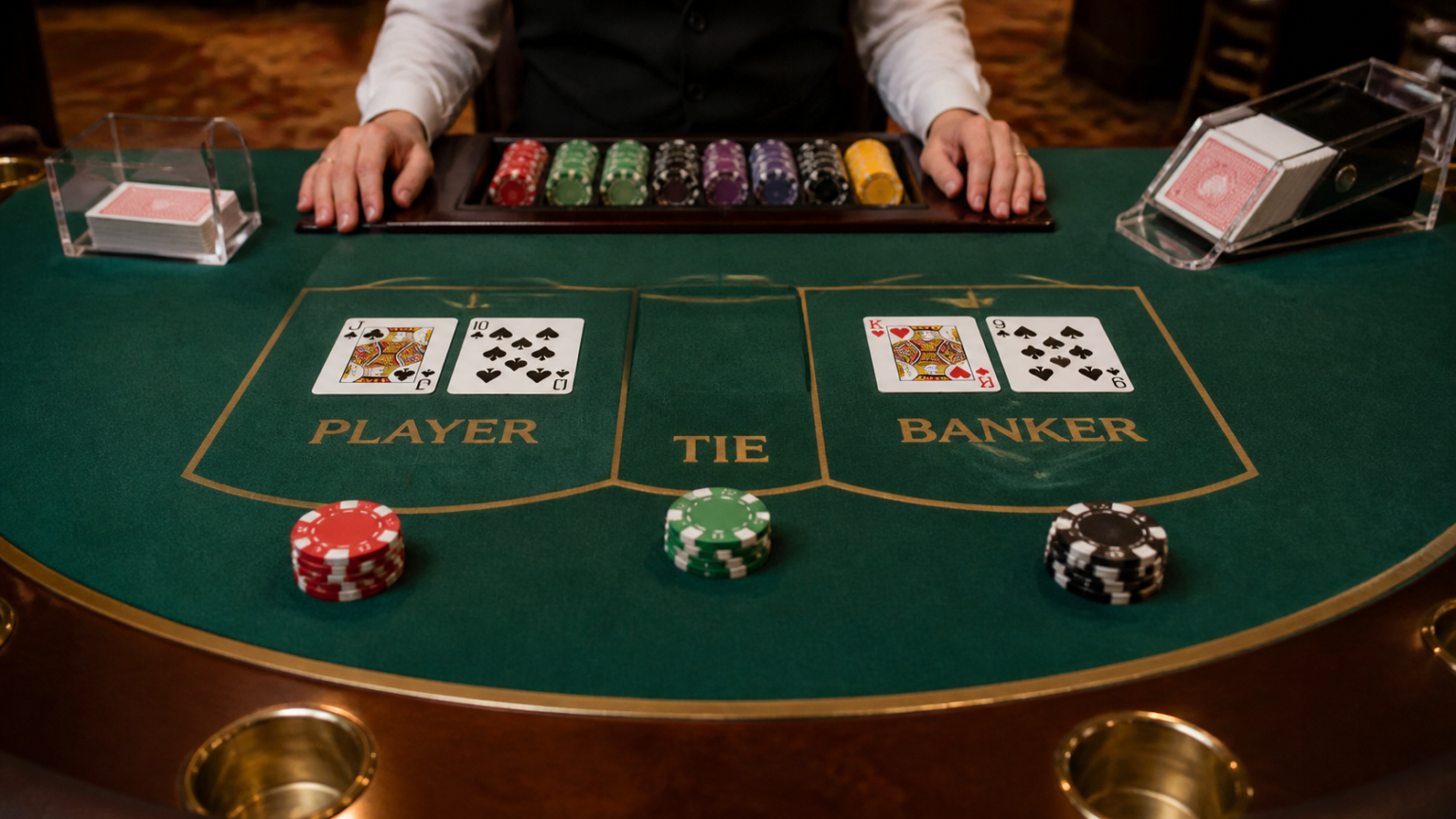 đánh baccarat trực tuyến: Cách chơi và cân nhắc Bàn baccarat với bài, phỉnh và các cửa cược Nhà cái, Người chơi, Hòa