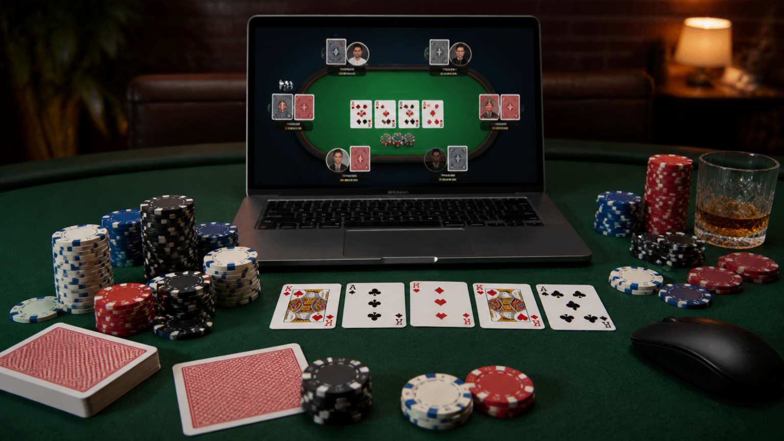 Poker chips and cards beside a laptop showing online poker