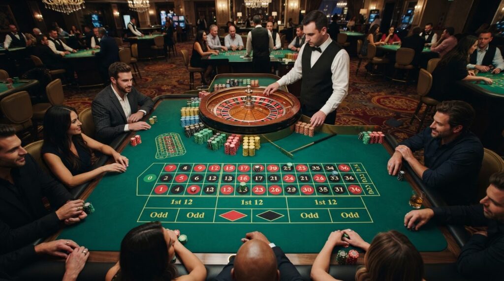 A close-up view of a green felt casino roulette table with chips and a roulette wheel.