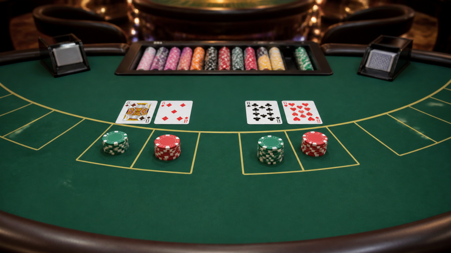 Bàn baccarat casino với bài và phỉnh, minh họa trò chơi baccarat trực tuyến