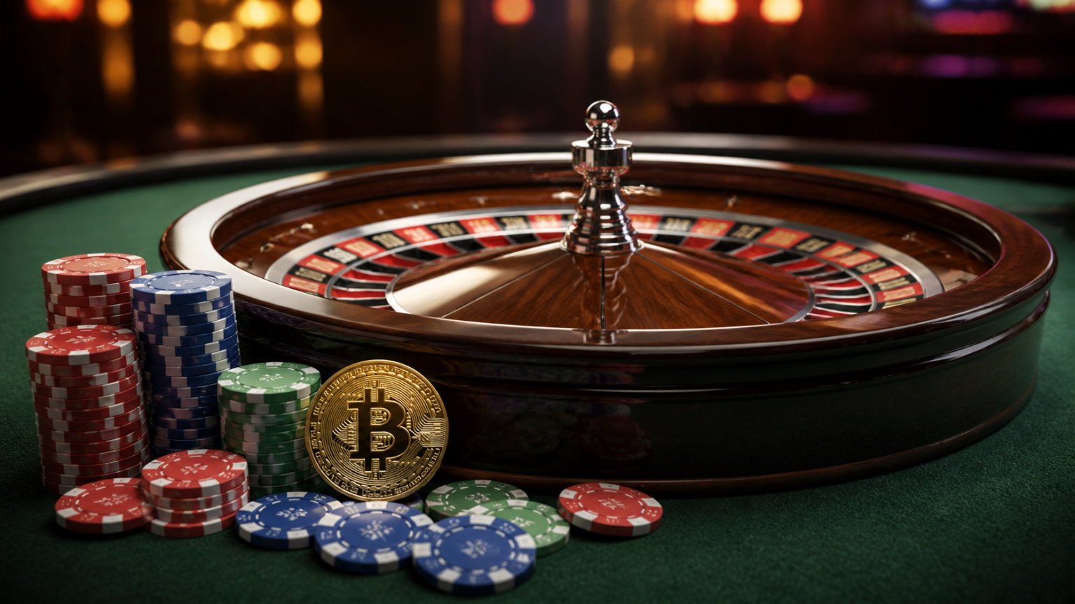 Roulette table with casino chips and a cryptocurrency coin