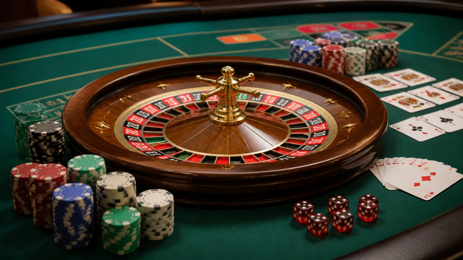 Casino roulette table with cards and dice