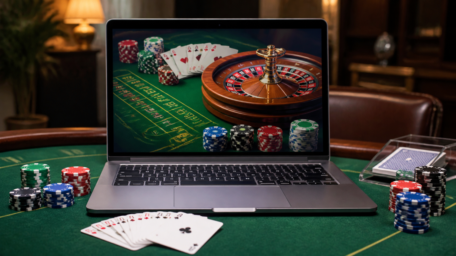 โป๊กเกอร์ สำหรับผู้เล่นใหม่: เช็กลิสต์ก่อนสมัครบัญชีออนไลน์ Online casino Singapore gaming setup with laptop and casino chips