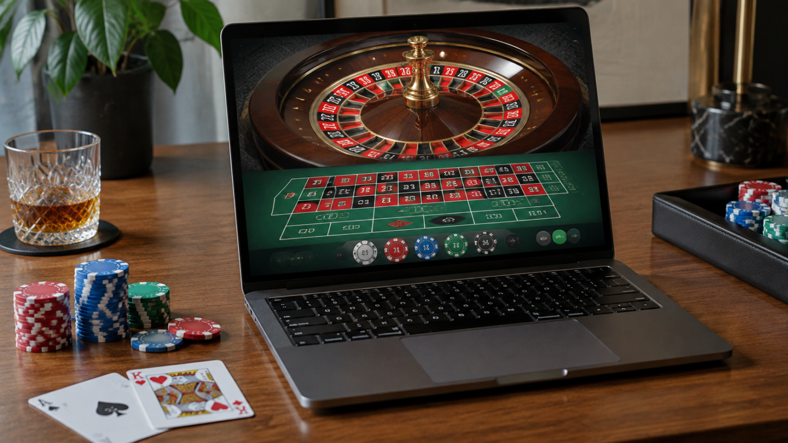 Laptop showing an online casino roulette game beside playing cards and casino chips.