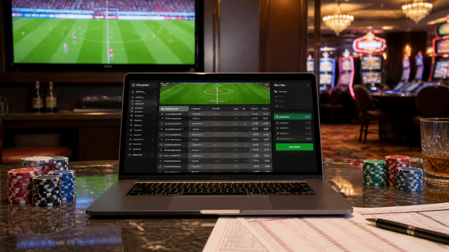 Sports betting setup with odds on a laptop and a football match in view