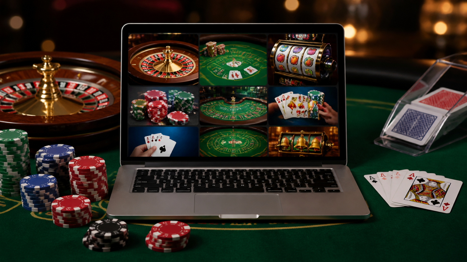 What Makes the Online Casino Experience Appealing: online casino Singapore Online casino Singapore gaming setup with laptop, cards, and chips